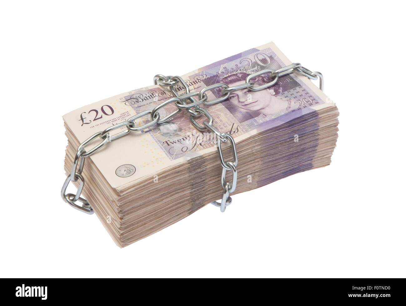 Uk twenty pound bank notes pile in chains Stock Photo Alamy