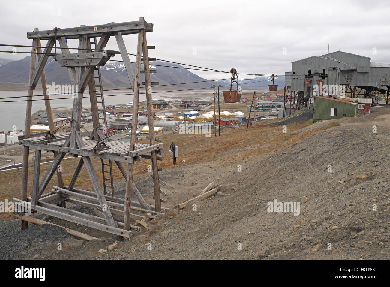Part of the town of Longyearbyen seen from the disused aerial tramway centre building, Spitzbergen, Svalbard. Stock Photo