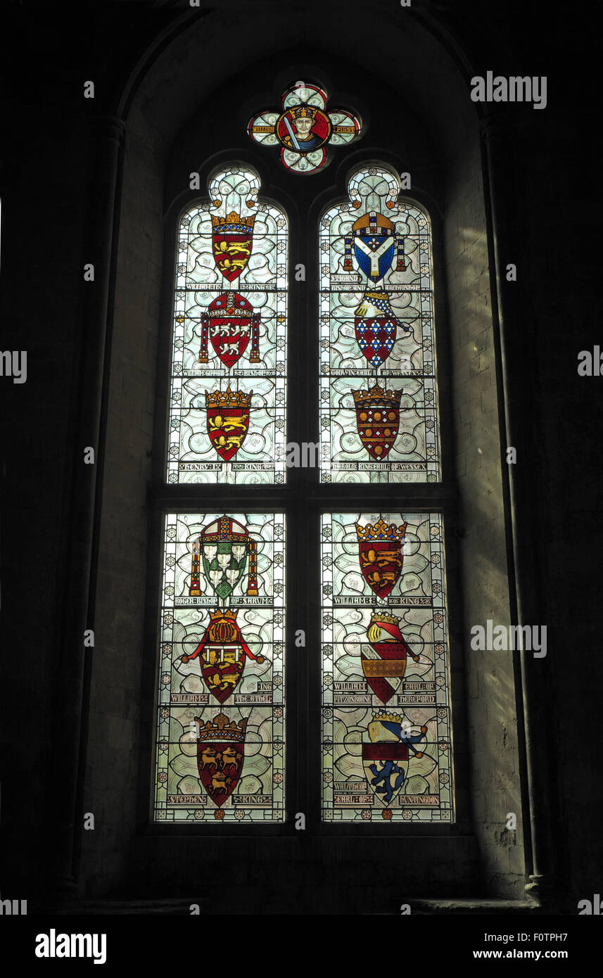 Stained glass windows, the Great Hall, Winchester Castle, Winchester, Hampshire, England, UK. Stock Photo