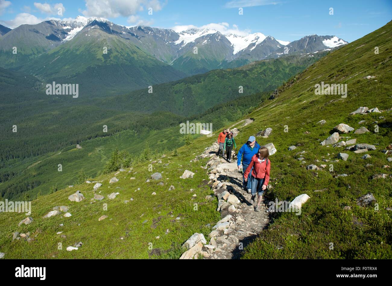 People hiking, North Face Trail, Alyeska Resort, seven glaciers, Winner Creek Valley, Turnagain Arm, Girdwood, Alaska, USA Stock Photo