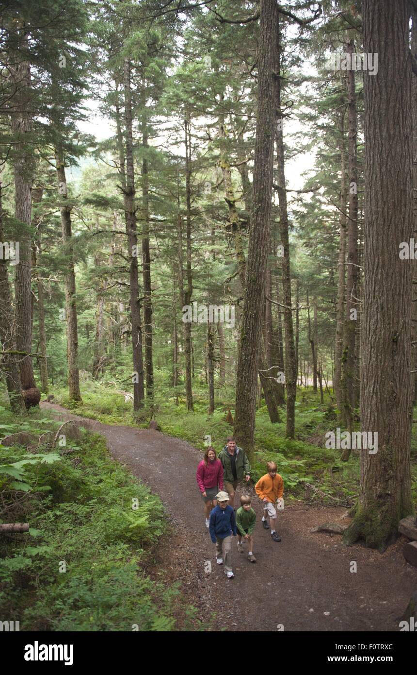 Family exploring woods, Winner Creek, Alyeska Resort, Turnagain Arm, Mt. Alyeska, Girdwood, Alaska, USA Stock Photo