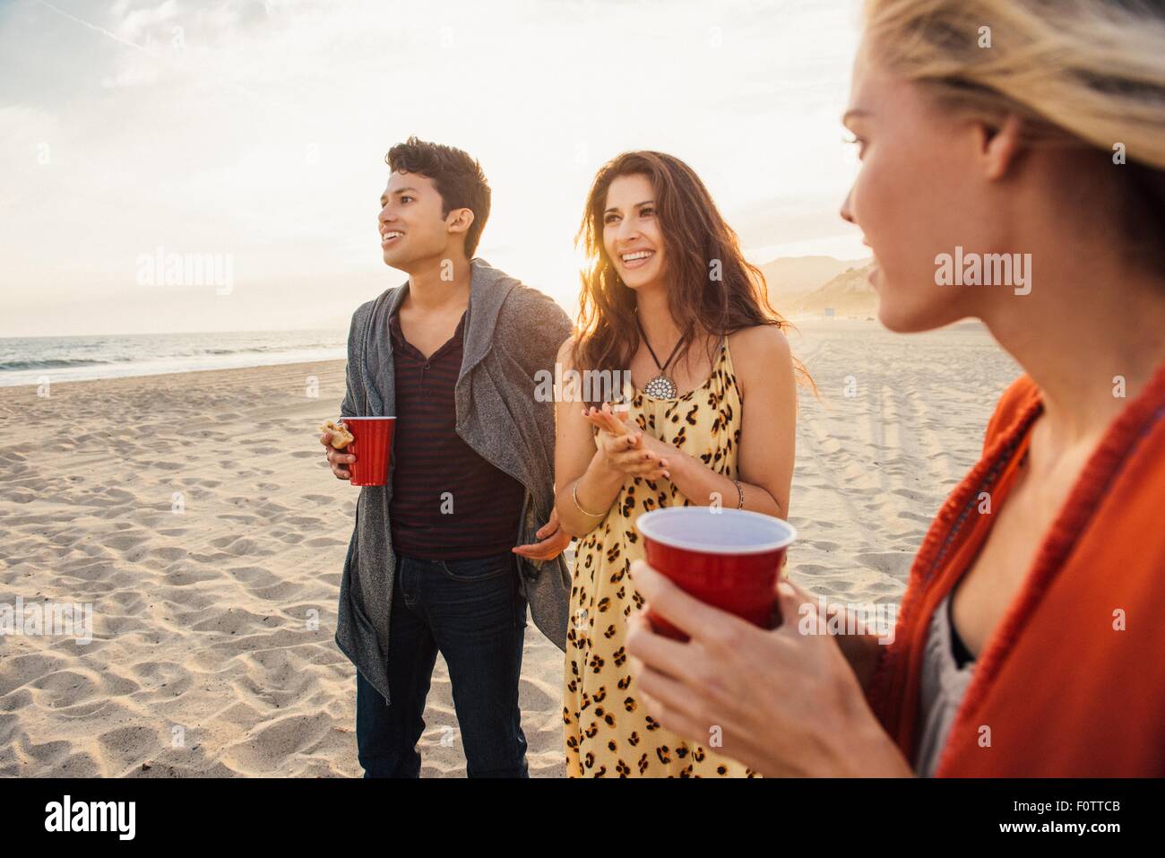 Group of friends having drinks on beach, at sunset Stock Photo