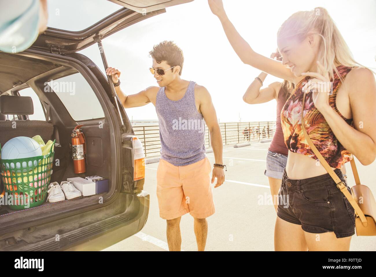 Group of friends standing by car, at beach Stock Photo
