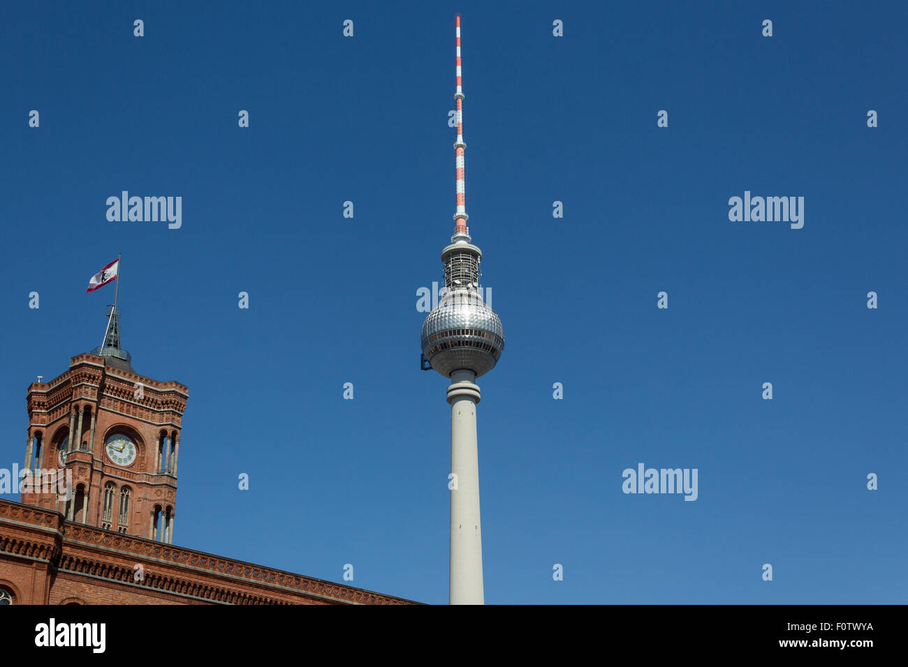 Red town hall berlin and tv tower on blue sky Stock Photo
