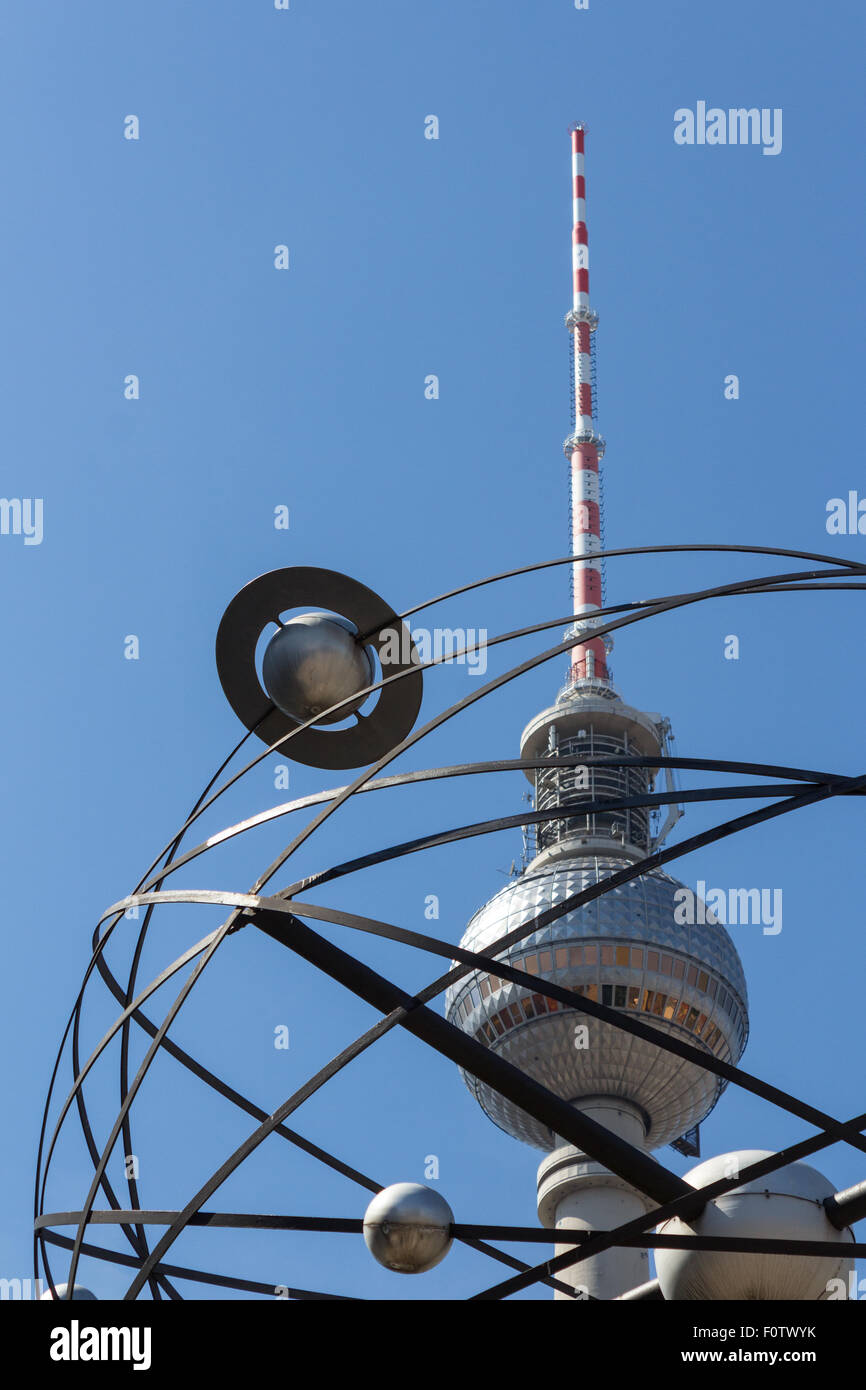 berlin symbol - tv tower and world clock on blue sky Stock Photo