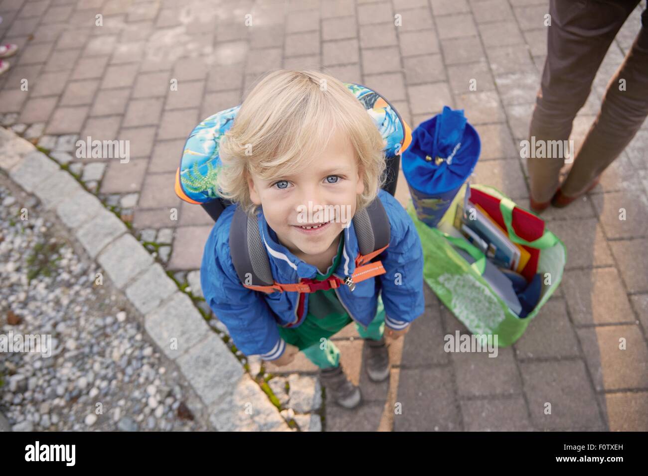 Portrait of young boy on first day of school, Bavaria, Germany Stock Photo