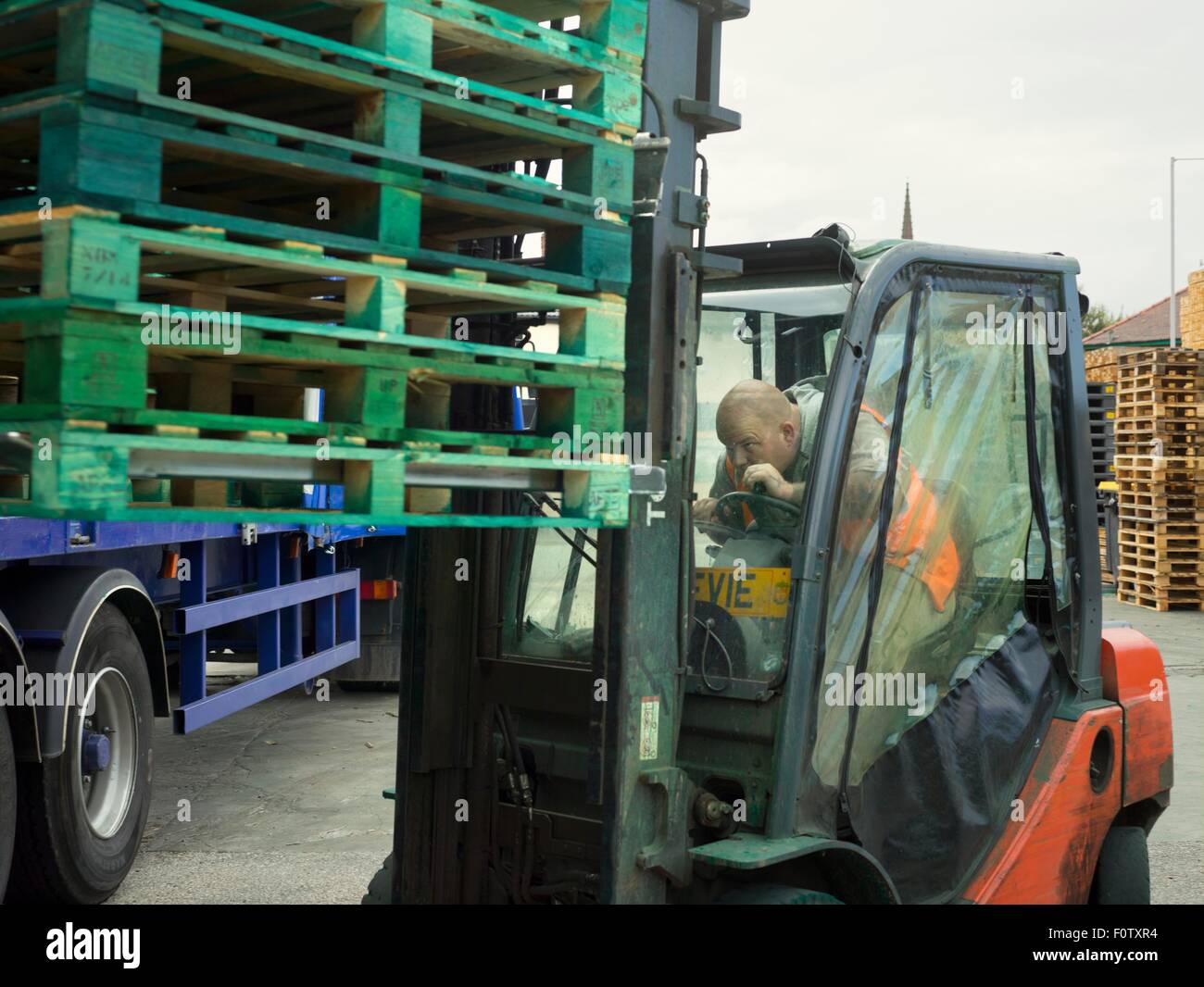 Forklift driver loading pallet stacks onto truck Stock Photo Alamy