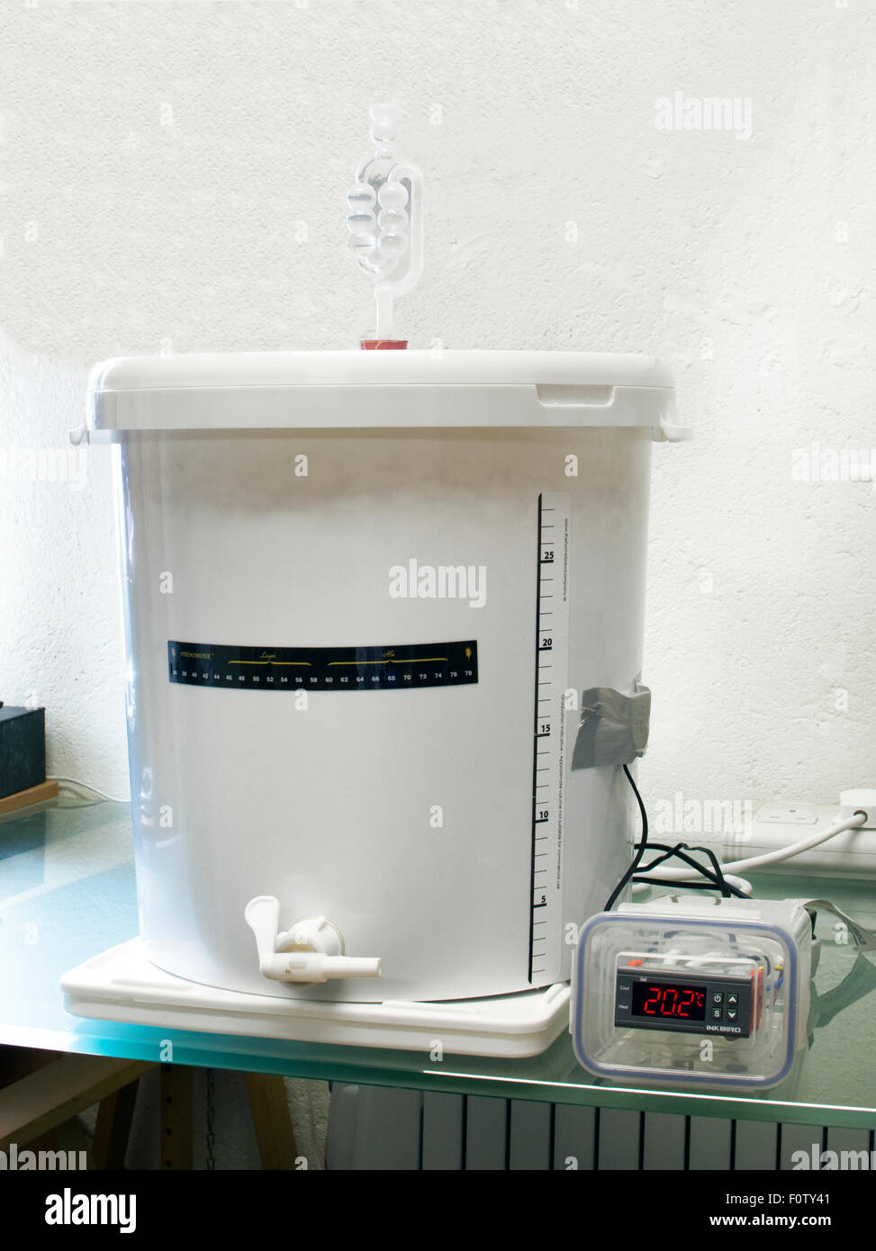 Homebrewing beer fermenter with  temperature control unit Stock Photo