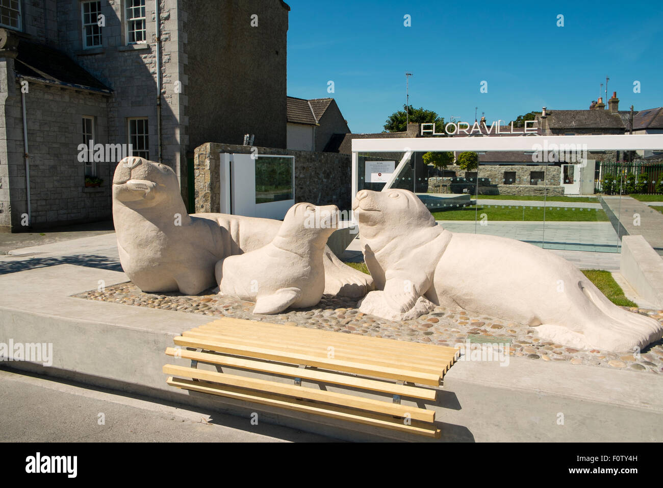 The three seals sculpture at the Floraville town park in Skerries, north county Dublin, Ireland by local artist Paul Darcy Stock Photo