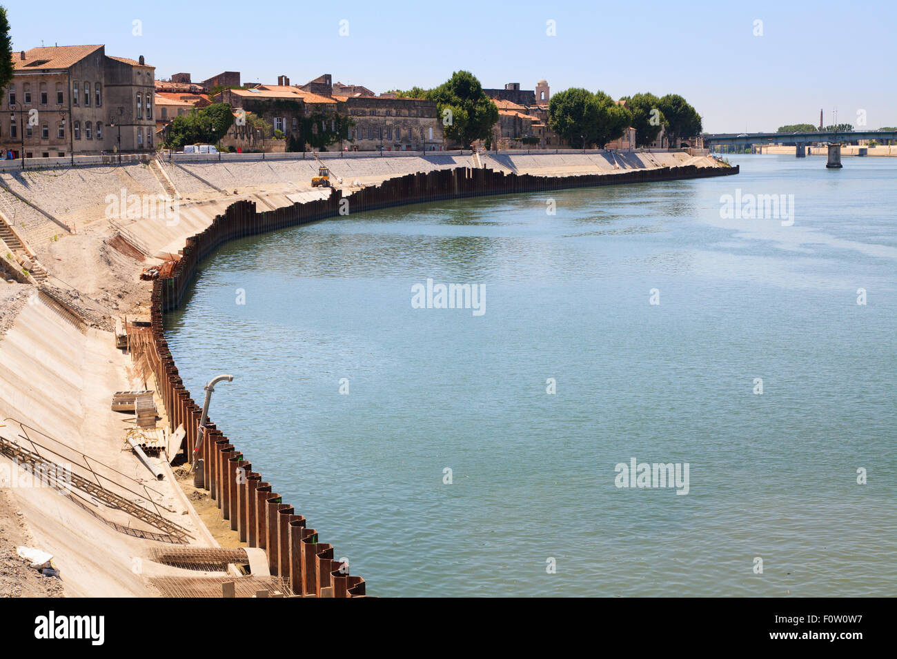 River bank defences being constructed on the Rhone at Arles France Stock Photo
