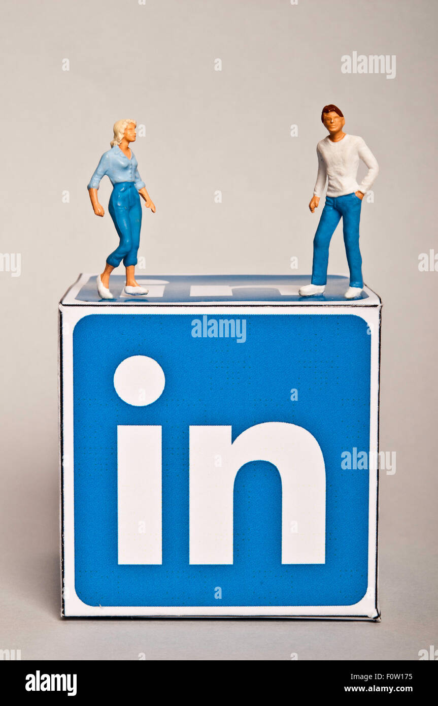 Linkedin logo and people figurines, social media, social relationships and social interactions concept Stock Photo