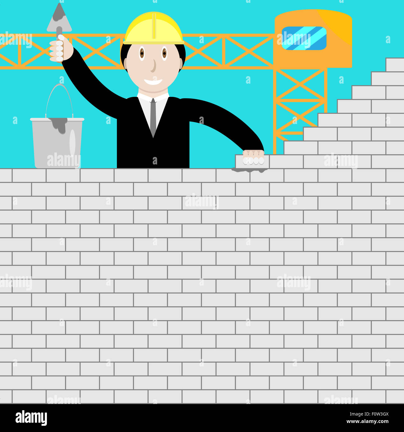 Businessman building a brick wall. Startup metaphor, constructor strategy, leadership man, construction person. Vector graphic i Stock Photo
