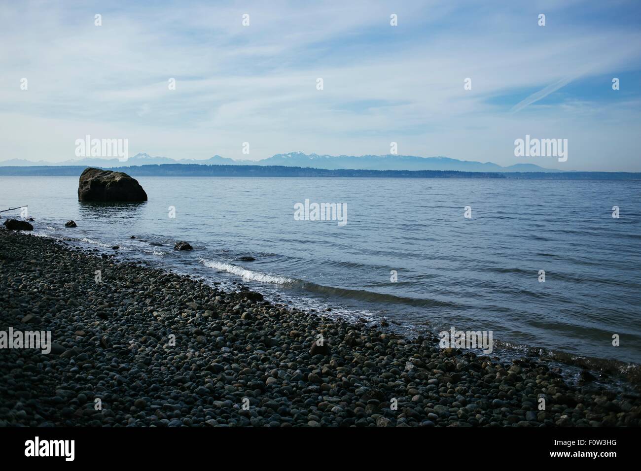 View of Puget Sound from pebble beach, Seattle, Washington State, USA