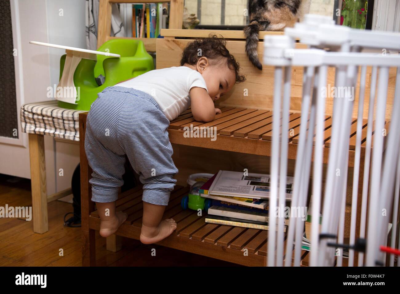 Independent female toddler climbing coffee table in living room Stock