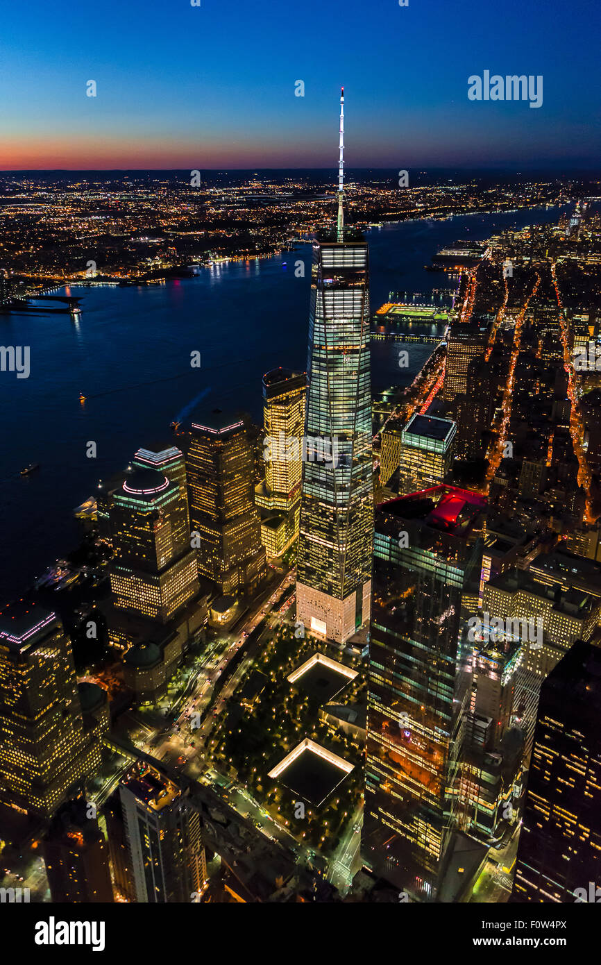 Aerial View to One World Trade Center WTC coined the Freedom Tower and the 911 Memorial Reflecting Pools. Stock Photo