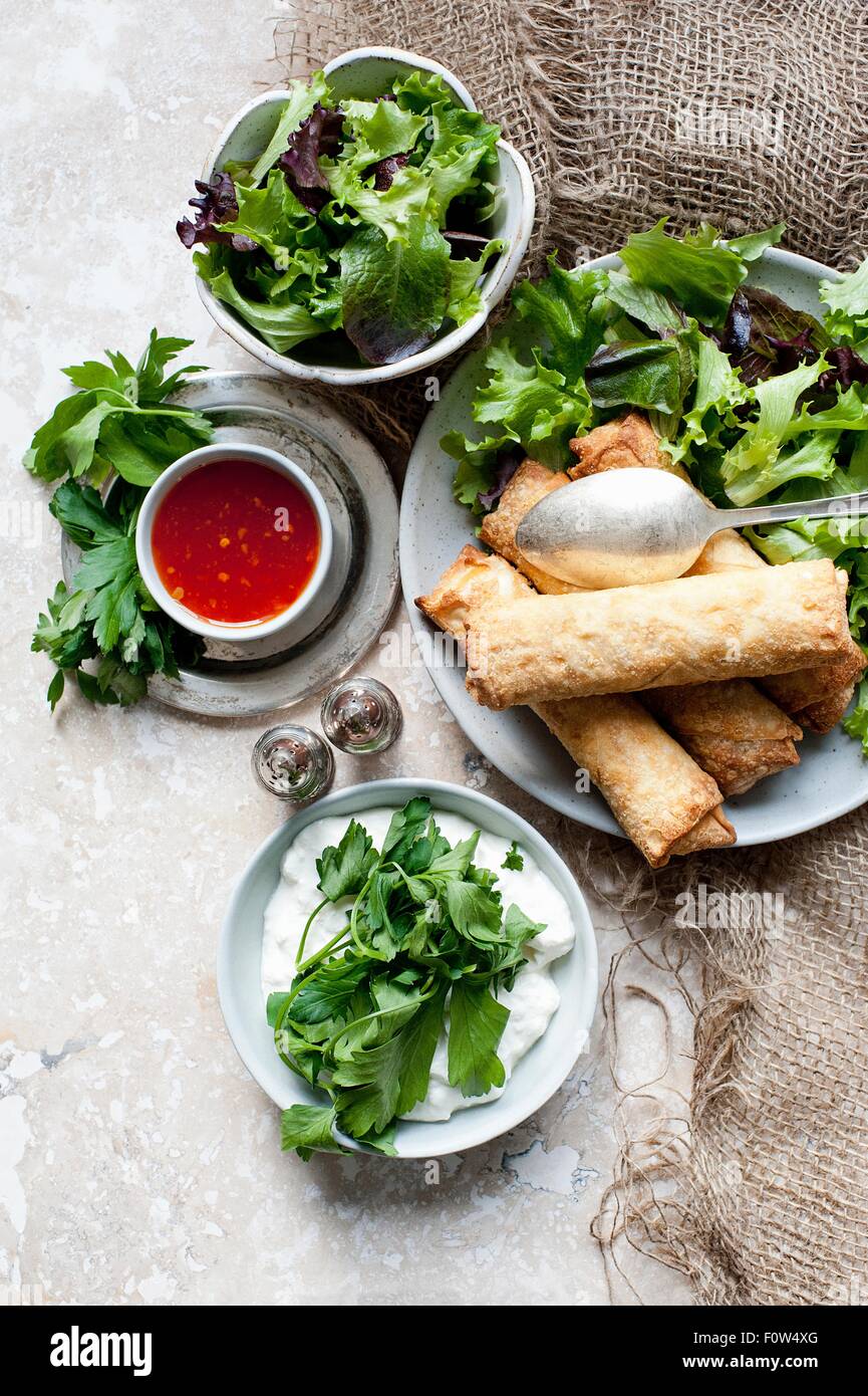Egg rolls with salad bowls and sweet chilli dipping sauce Stock Photo