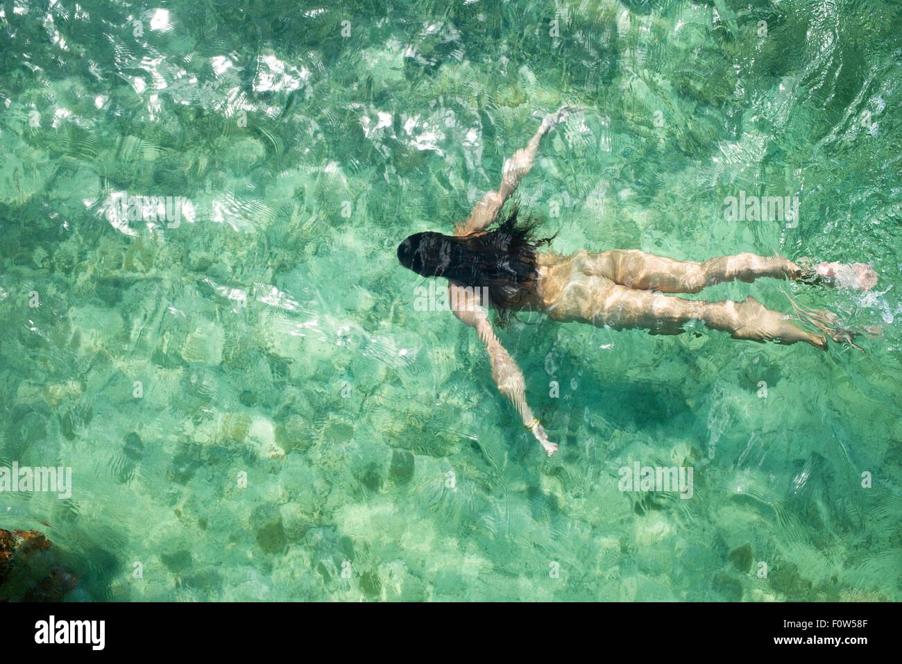 Overhead view of young woman swimming in sea, Islamorada, Florida, USA Stock Photo