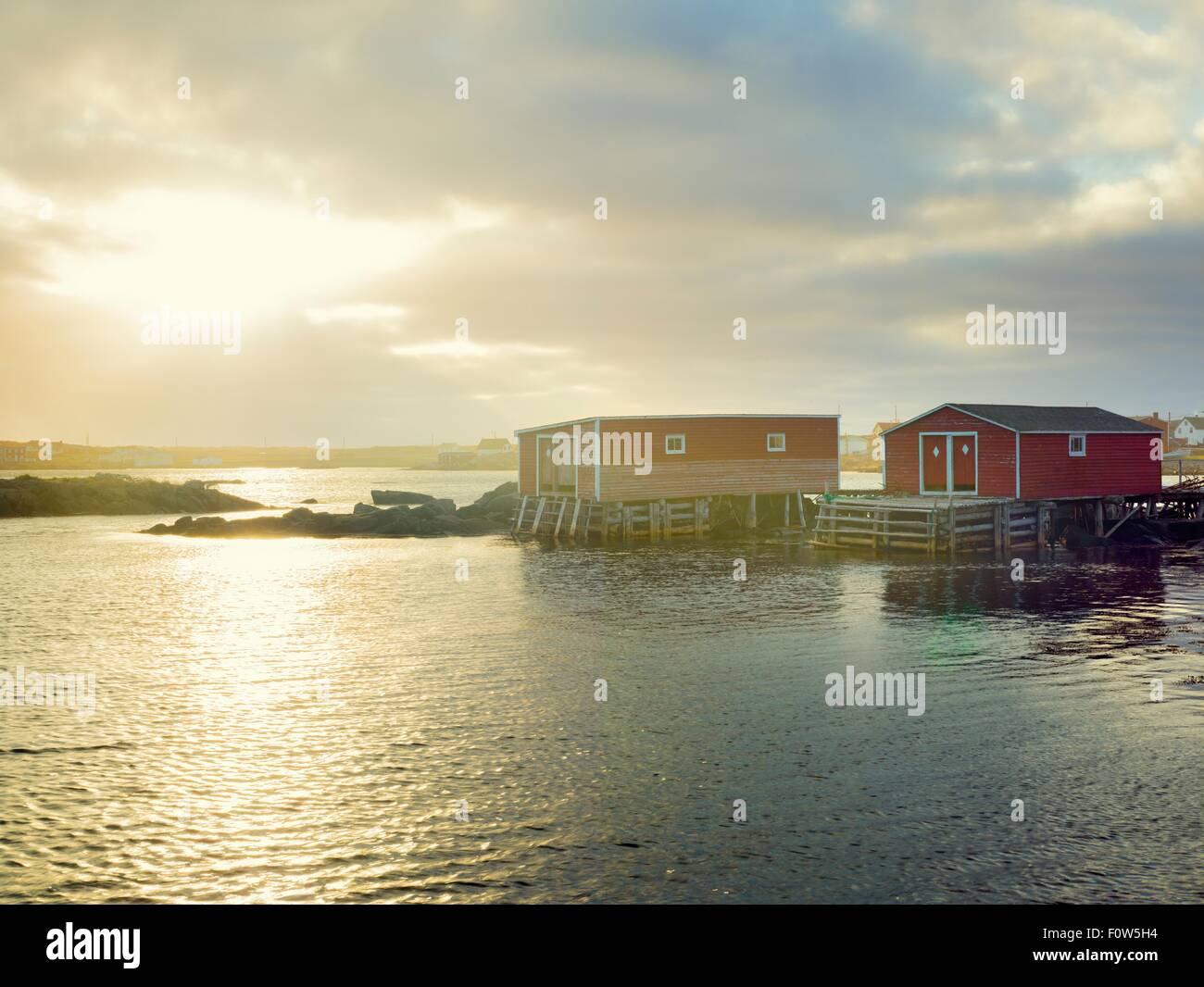 Huts by ocean, Fogo Island, Newfoundland, Canada Stock Photo