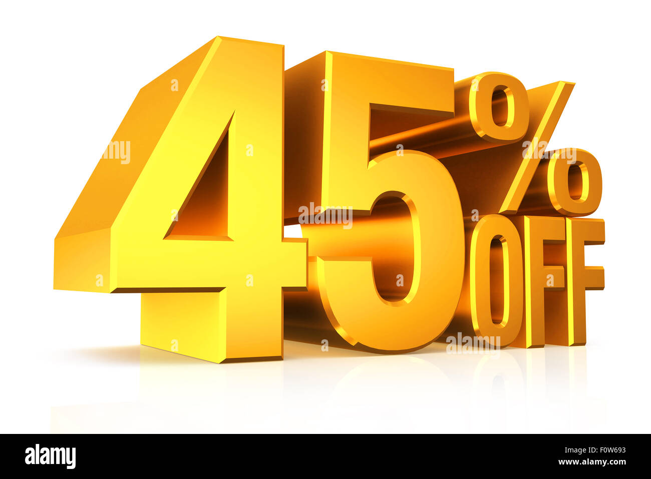 3D render gold text 45 percent off on white background with reflection
