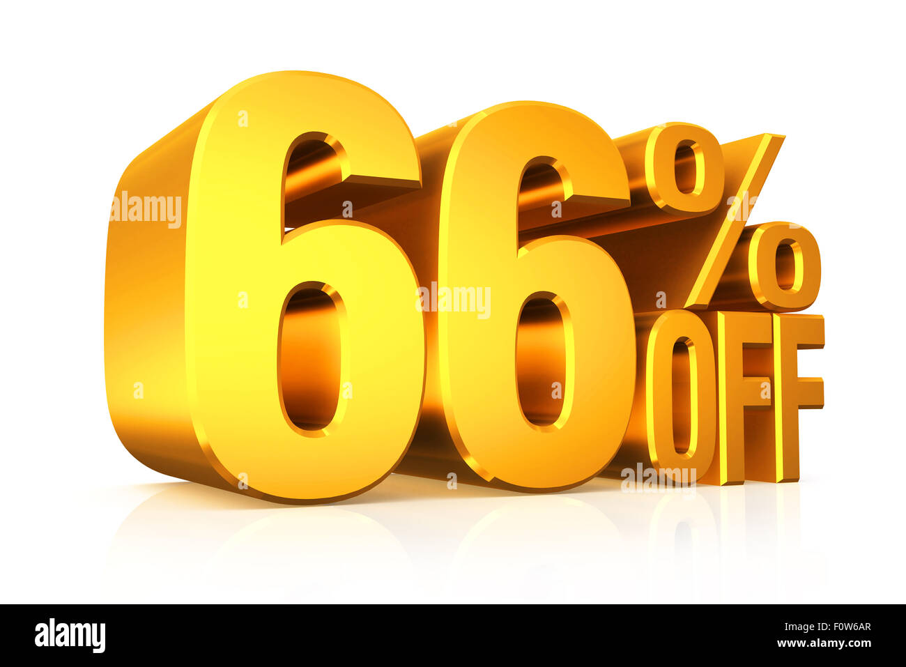 3D render gold text 66 percent off on white background with reflection
