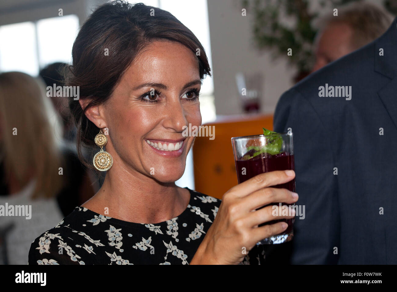 Copenhagen, Denmark, August 21st, 2015. Princess Marie attends the opening ceremony for Copenhagen Cooking Festival at Restaurant Toldboden in Copenhagen. The Princess is protector for Copenhagen Cooking. At the photo the Princess takes a drink. Credit:  OJPHOTOS/Alamy Live News Stock Photo