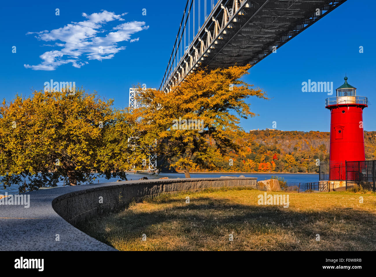 The Jeffrey's Hook Lighthouse below the Washington Bridge in New York City, New York
