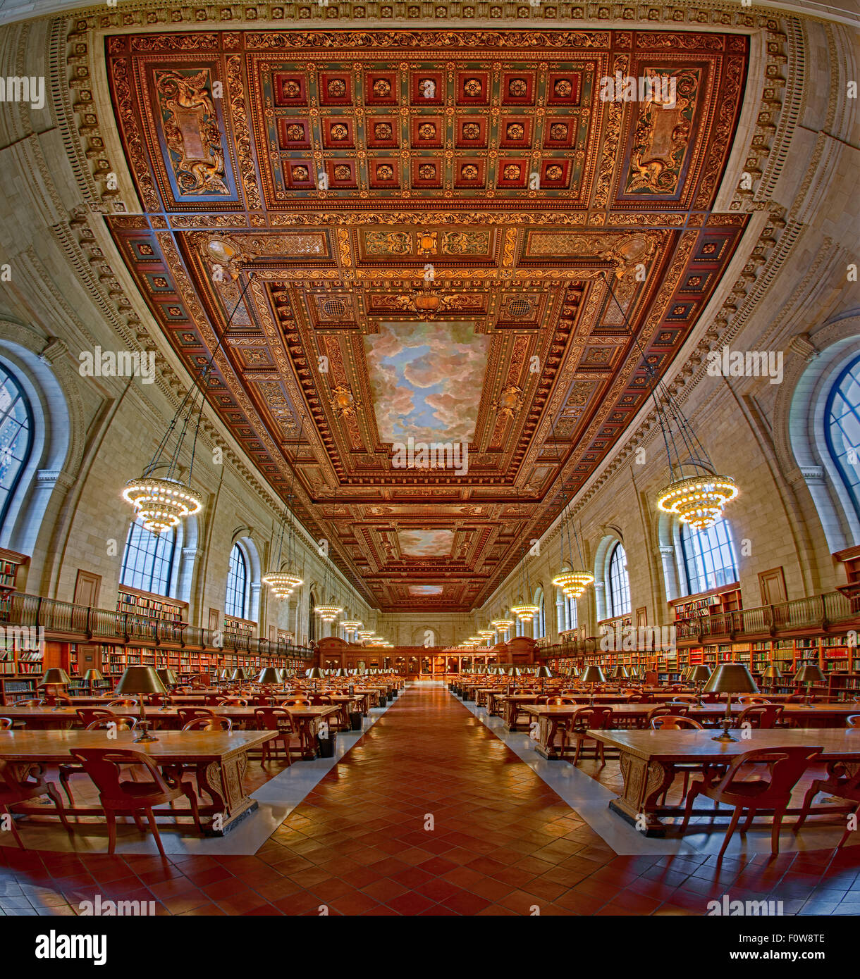 Vertical panorama of The Rose Main Reading Room at the New York Public Library's NYPL main branch located in New York City. Stock Photo