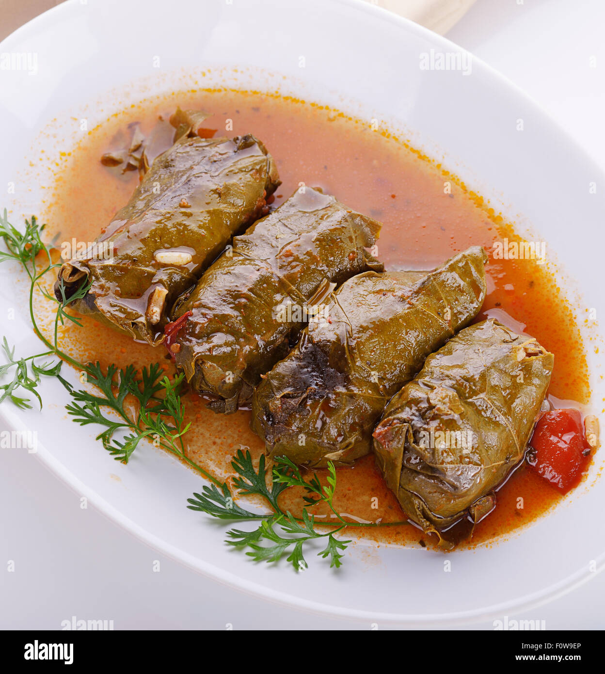 Dolma,Stuffed Grape Leaves with Meat and Rice Stock Photo