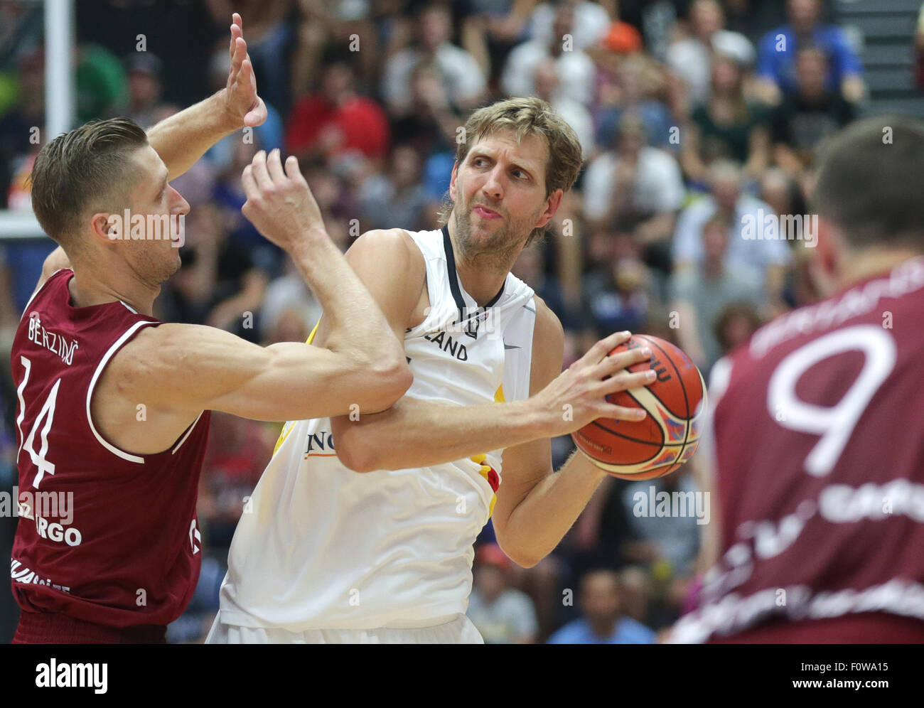 Basketball Supercup: Germany vs. Latvia in the Inselpark Halle, Hamburg,  Germany, 21 August 2015. Latvia's Dairis