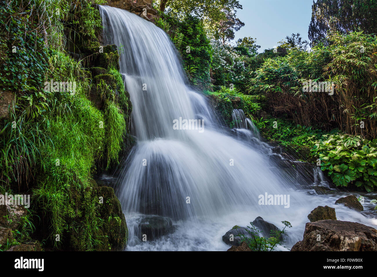 The waterfall known as the Cascade on the Bowood Estate in Wiltshire in summer. Stock Photo
