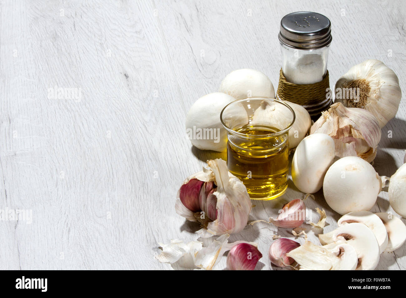 Garlic mushrooms ingredients for recipe with a free space at the left for writting Stock Photo
