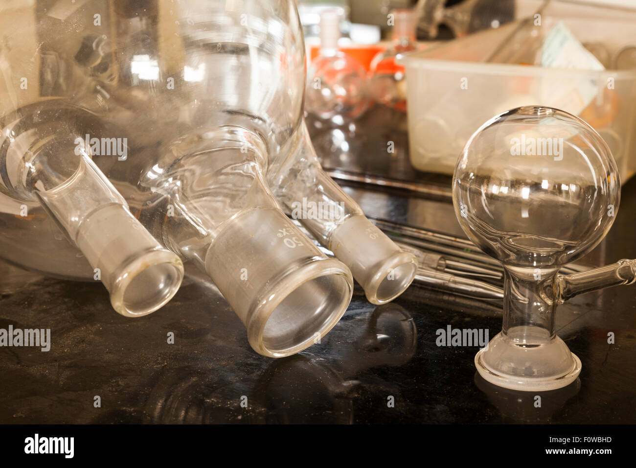 A close up photo of two different types of boiling flasks. Stock Photo