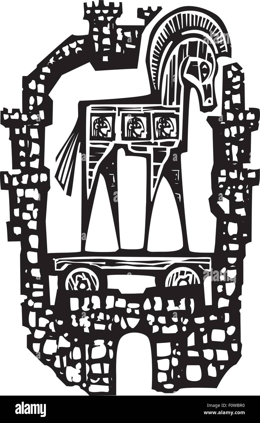 Woodcut style expressionist image of the Greek Trojan Horse inside the walls of the city of Troy. Stock Vector