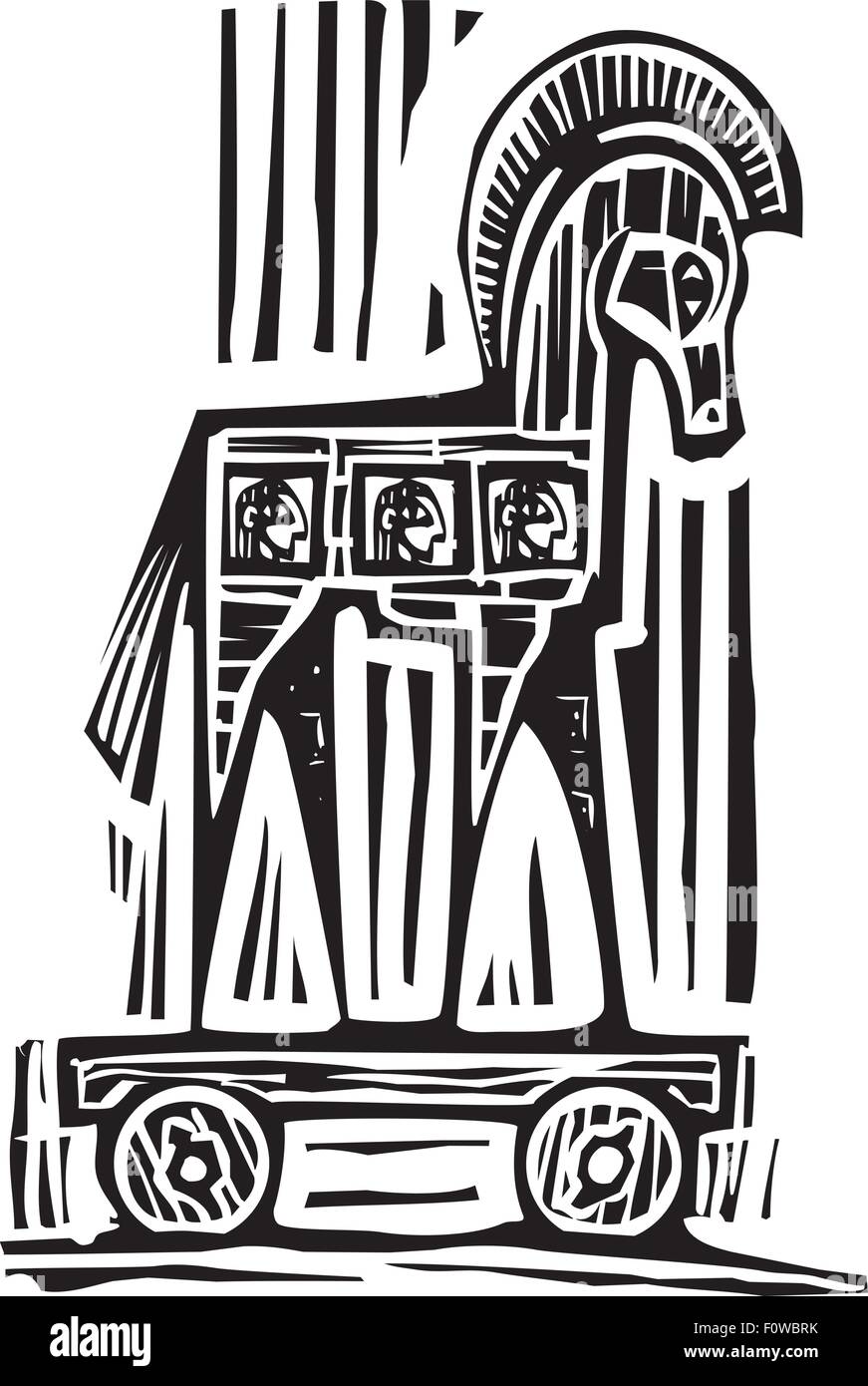 Woodcut style expressionist image of the Greek Trojan Horse Stock Vector