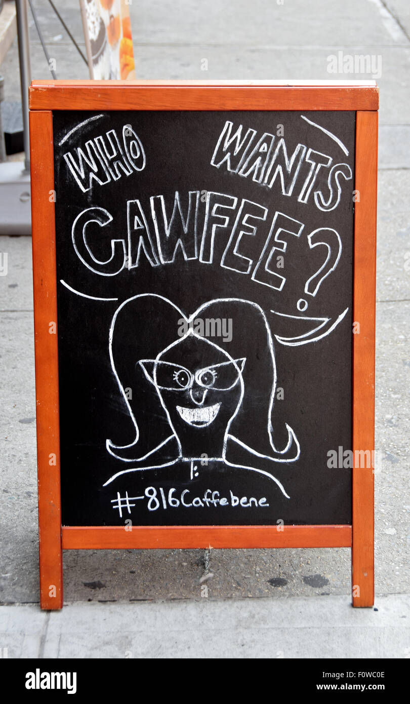 A funny sign on a blackboard outside a coffee shop on Broadway in Greenwich Village, New York City Stock Photo