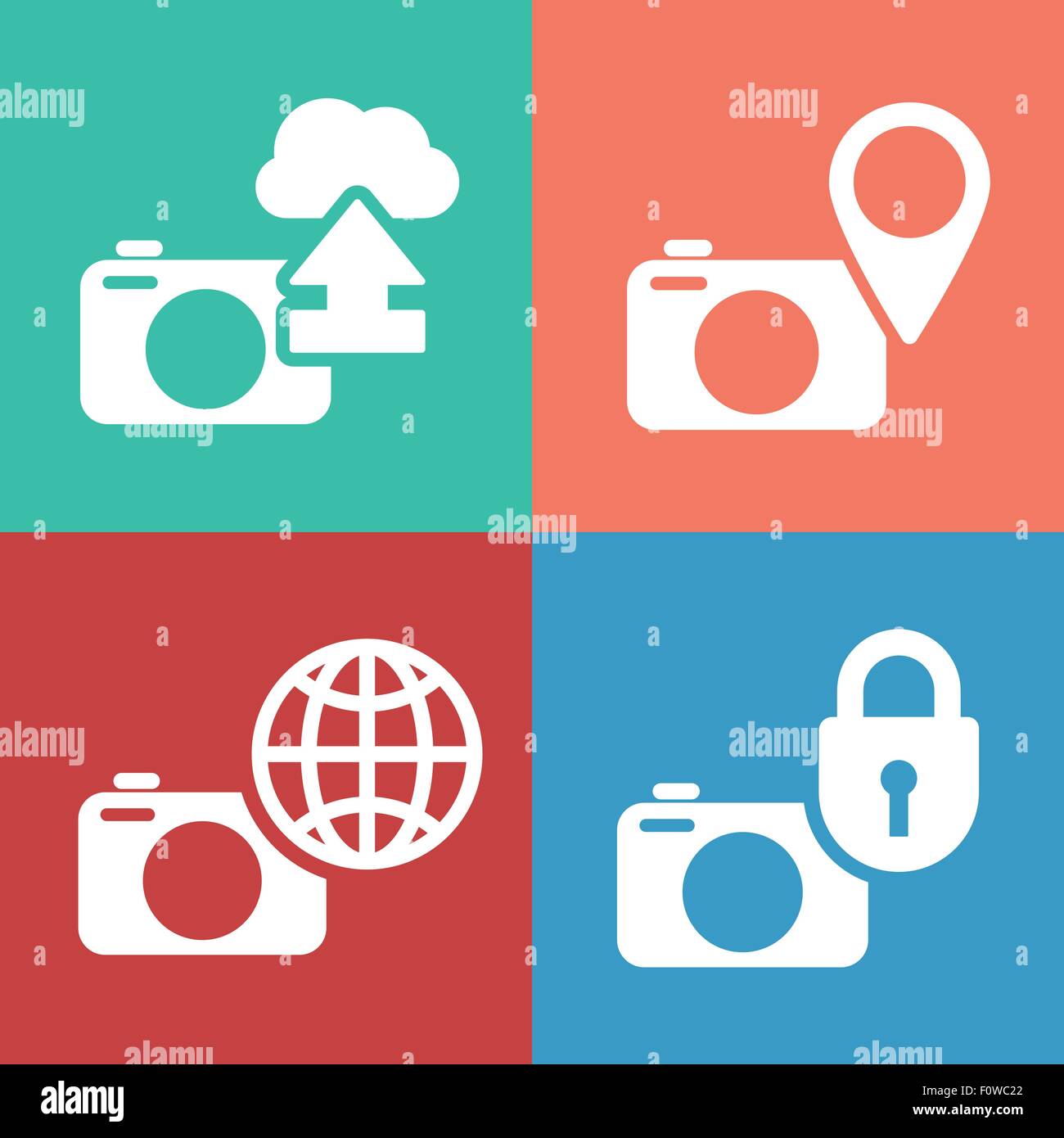 Digital camera icon set. Secured cloud image storage concept vector illustration. Stock Vector