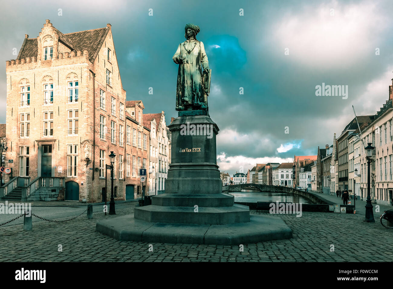 Jan Van Eyck Square and Spiegel in Bruges, Belgium Stock Photo