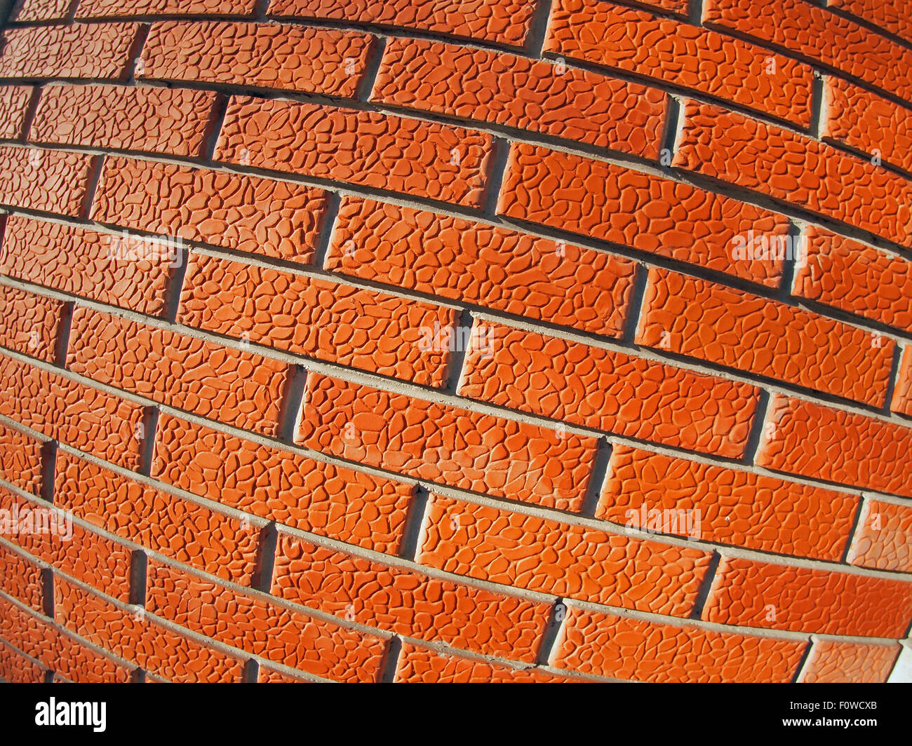 New Wall Of Decorative Red Bricks Closeup With Wide Angle Fisheye