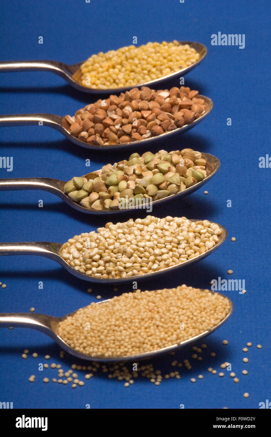 A selection of edible grains including,top to bottom,millet,roast