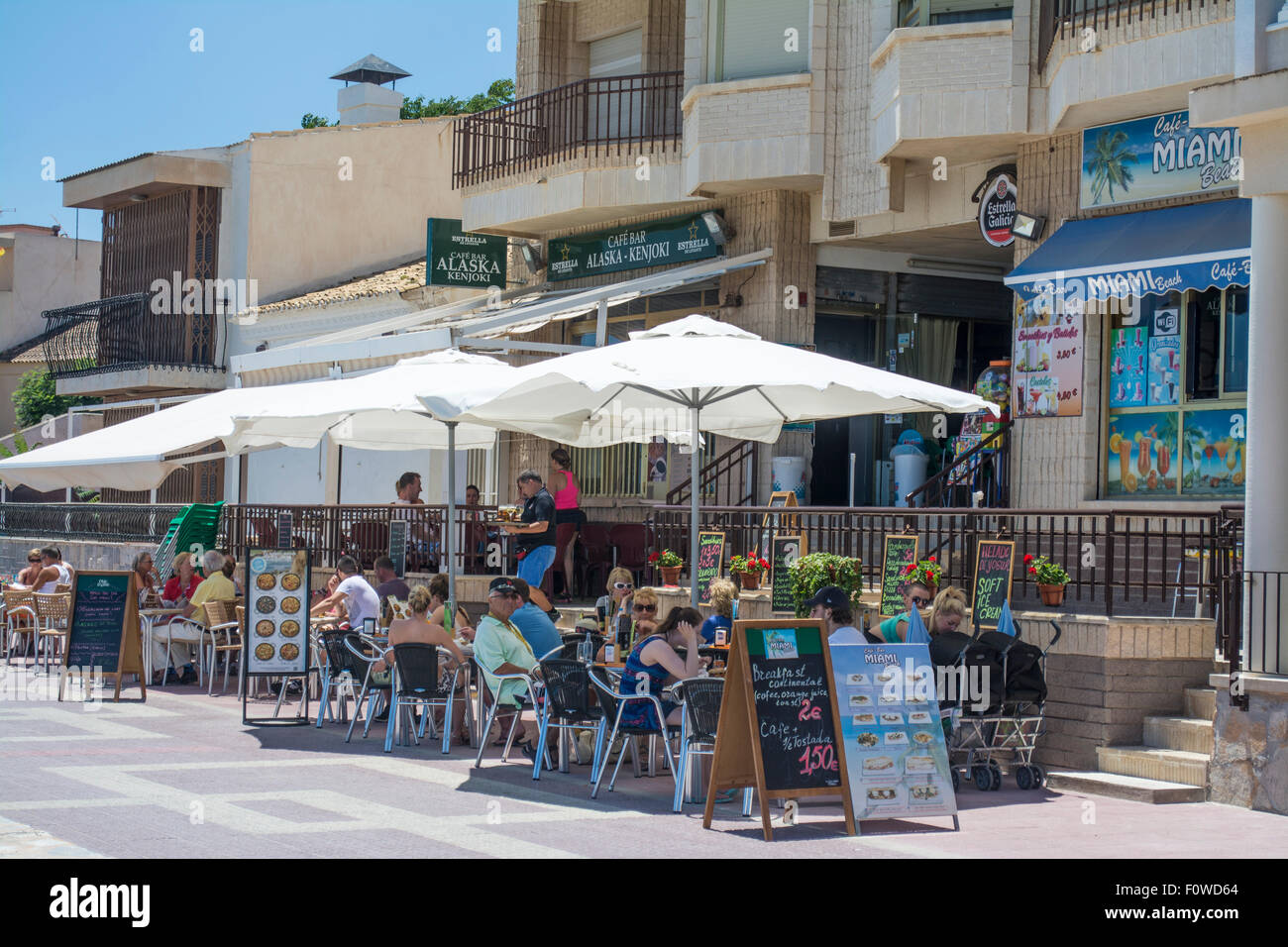 Spanish bars on the promenade at Los Alcazares, Murcia, Spain Stock