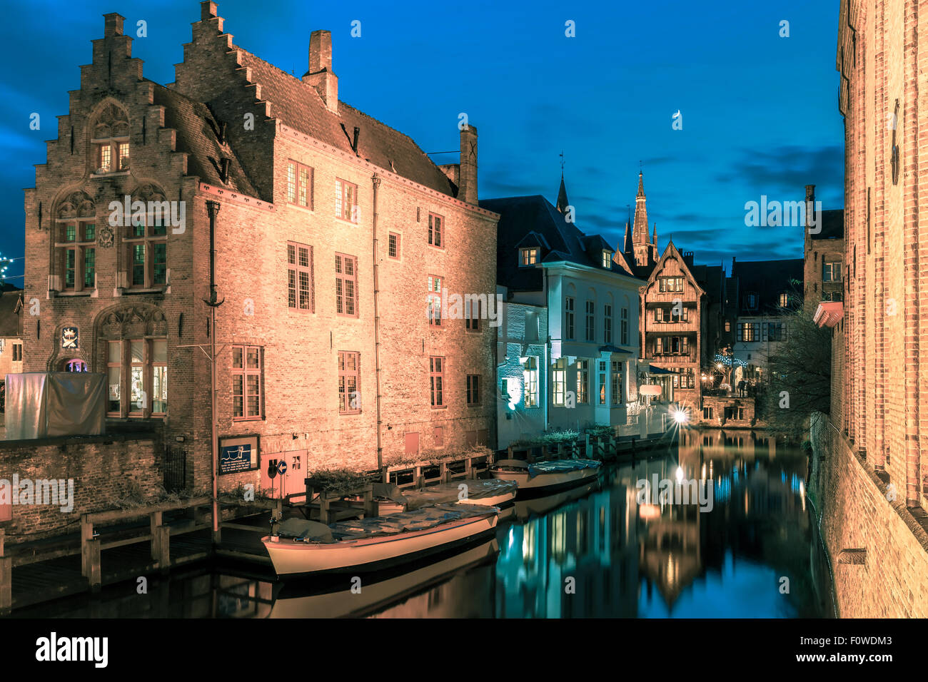 Picturesque night canal Dijver in Bruges Stock Photo