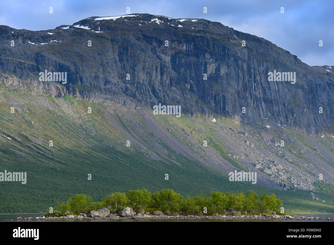 Steep side of mountainous valley, Saltoluokta Area, Greater Laponia Rewilding Area, Lapland, Norrbotten, Sweden, June 2013. Stock Photo