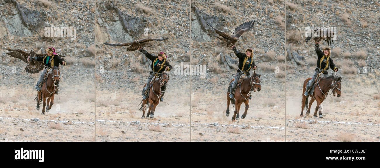 Young competitor luring his eagle, Eagle Festival, Olgii, Western Mongolia Stock Photo