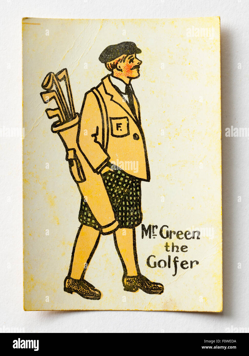 Mr Green the Golfer Playing Card from a vintage pack of Happy Families Stock Photo