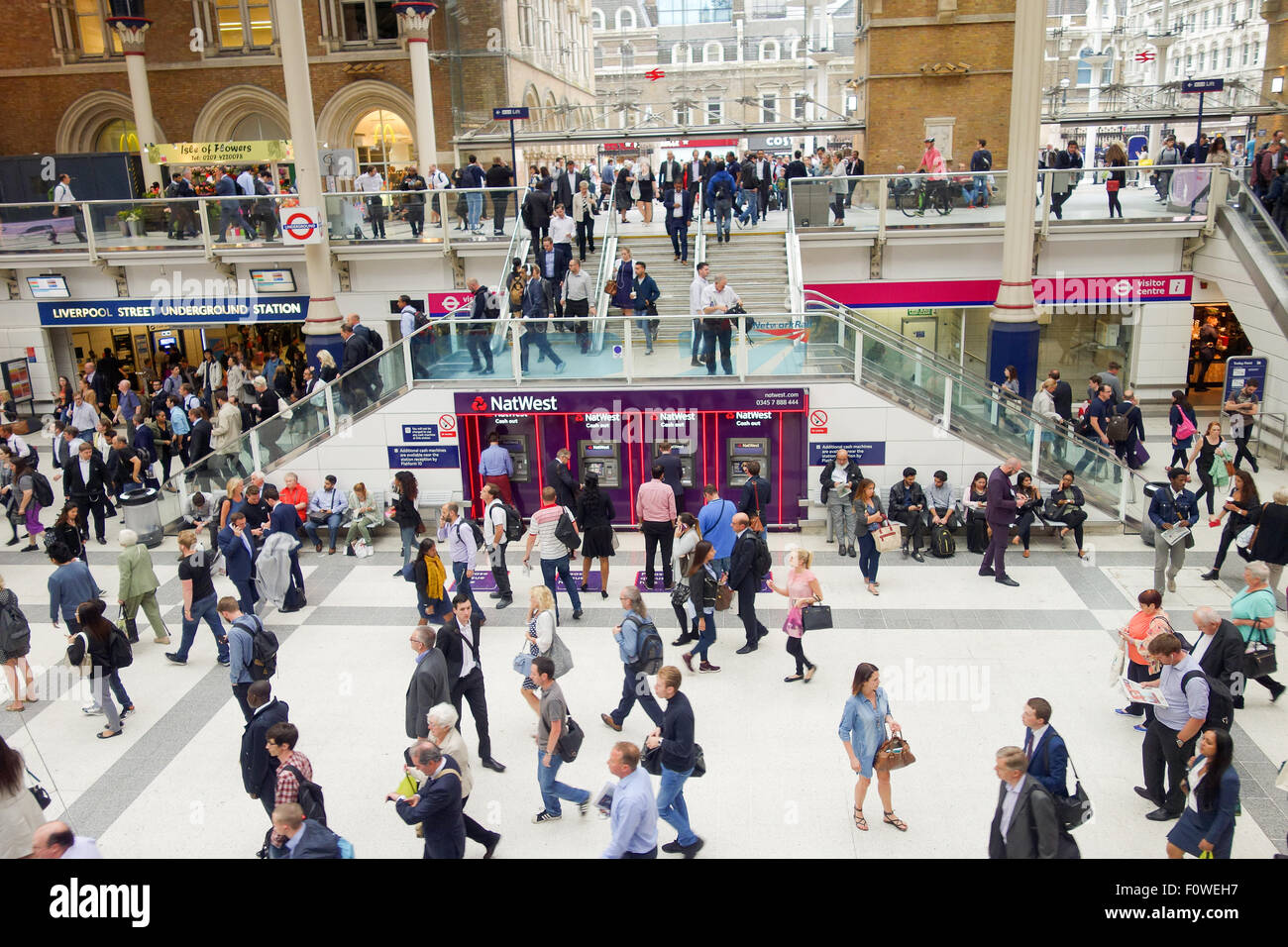 The Natwest Cash machines at Liverpool Street Station during a busy rush hour. Stock Photo