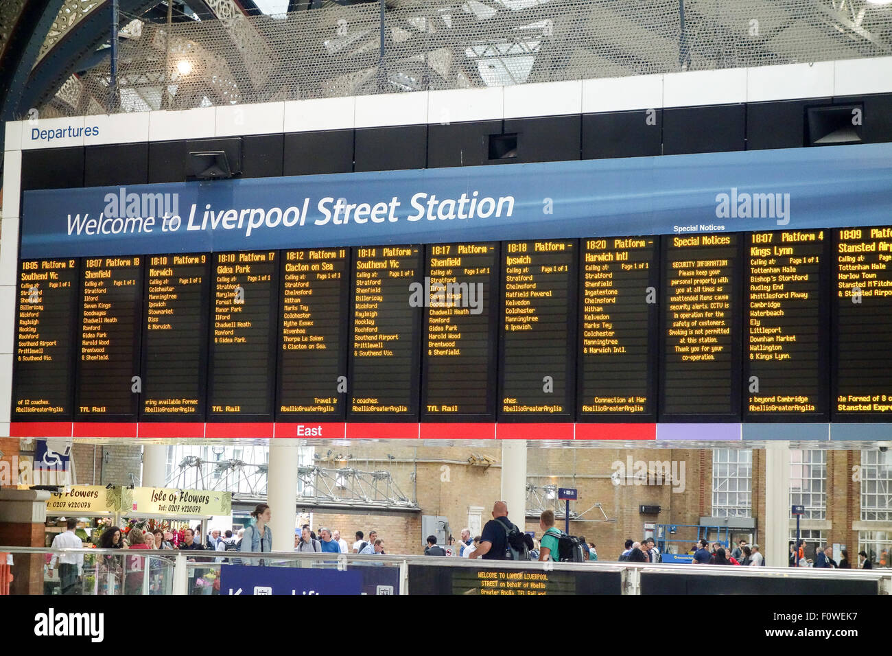 Train departure board at Liverpool Street Station. Stock Photo