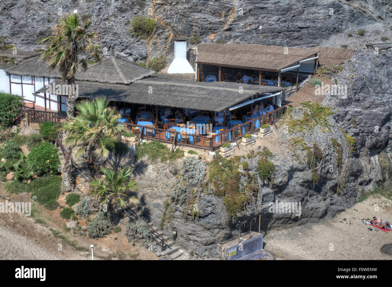 View of La Cala cliff top restaurant and Cala del Barco Bay at La Manga