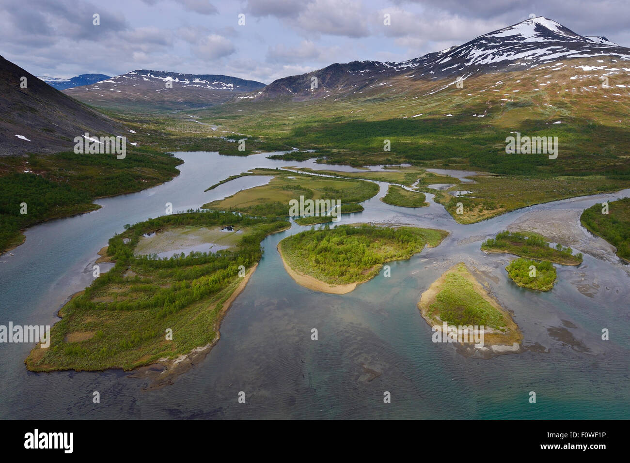 Aerial view of mountainous valley with small islands in the Vietasatno River, Stora Sjofallet National Park, Greater Laponia Rewilding Area, Lapland, Norrbotten, Sweden, June 2013. Stock Photo
