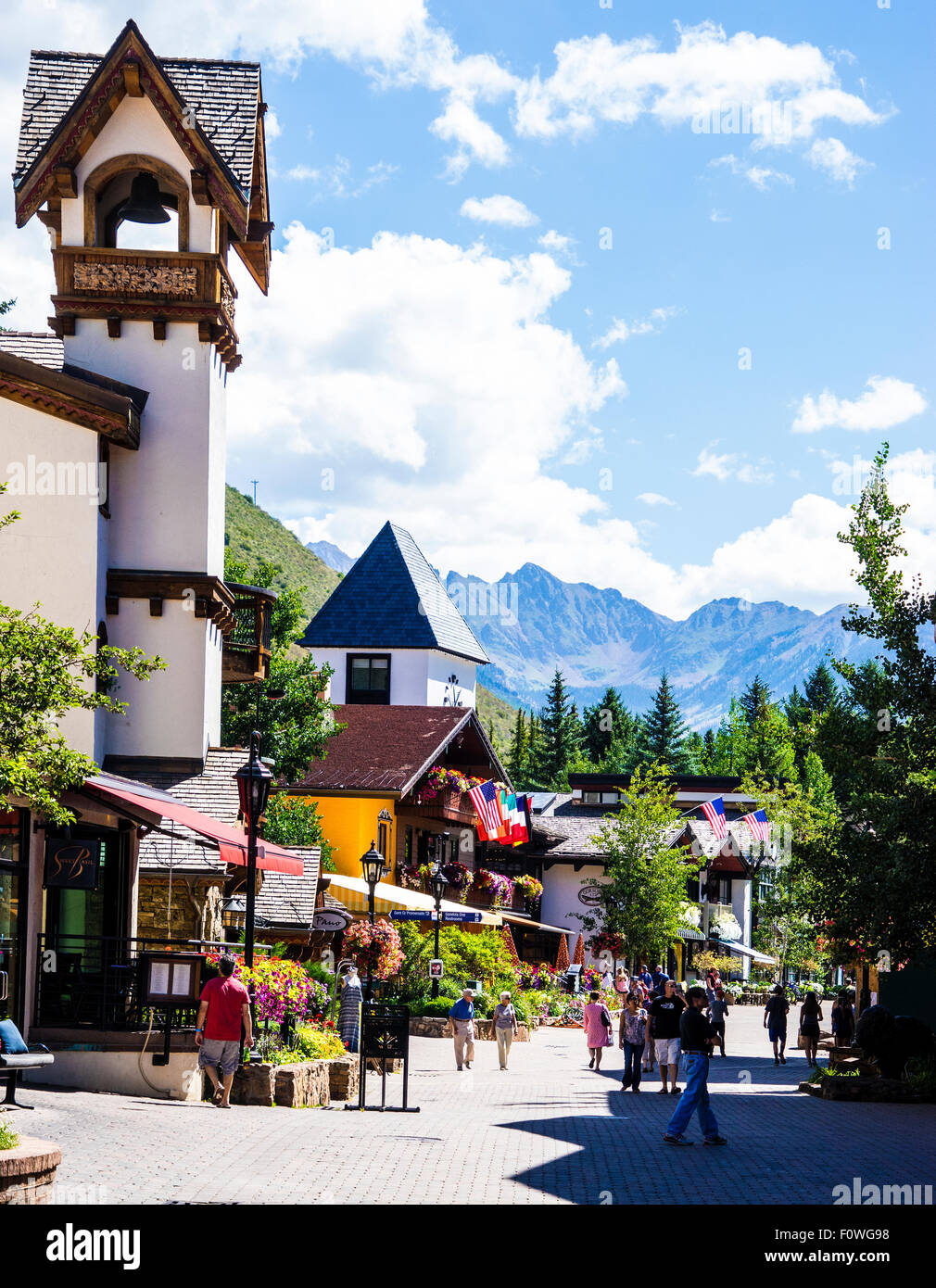 Street Scene In Vail Colorado looking toward the Gore Mountain Range Stock Photo