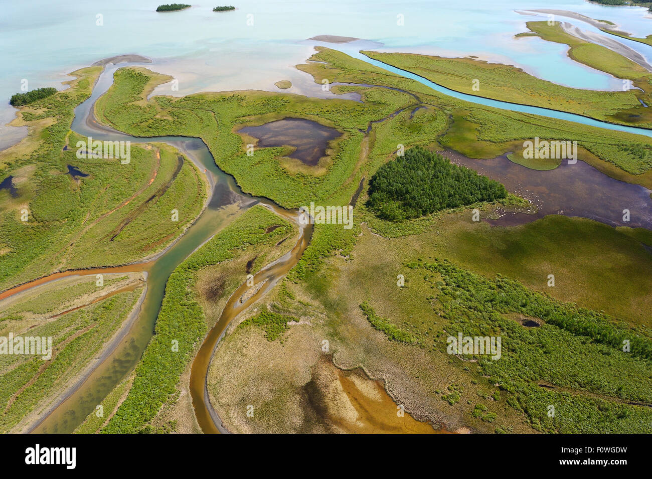 Aerial view of the Rapa river delta as it flows into Lake Laitaure, Sarek National Park, Greater Laponia Rewilding Area, Lapland, Norrbotten, Sweden, June 2013. Stock Photo